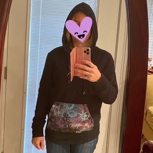 Black Hoodie Medium Hawaiian Like Flower Kangaroo Pocket Long Sleeve Sweatshirt